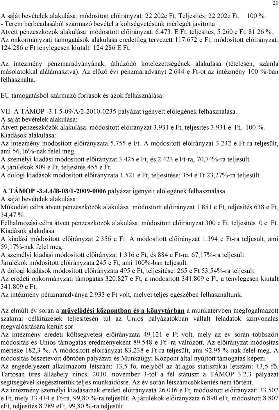 672 e Ft, módosított előirányzat: 124.286 e Ft ténylegesen kiutalt: 124.286 E Ft. Az intézmény pénzmaradványának, áthúzódó kötelezettségének alakulása (tételesen, számla másolatokkal alátámasztva).