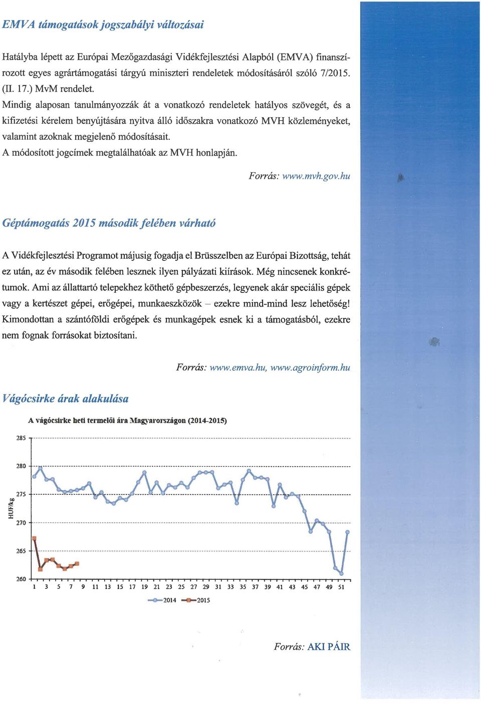 valamint azoknak megjelenő módosításait A módosított jogcímek megtalálhatóak az MVH honlapján Forrás: www mvhgov hu Géptámogatás 2015 második felében várható A Vidékfejlesztési Programot májusig