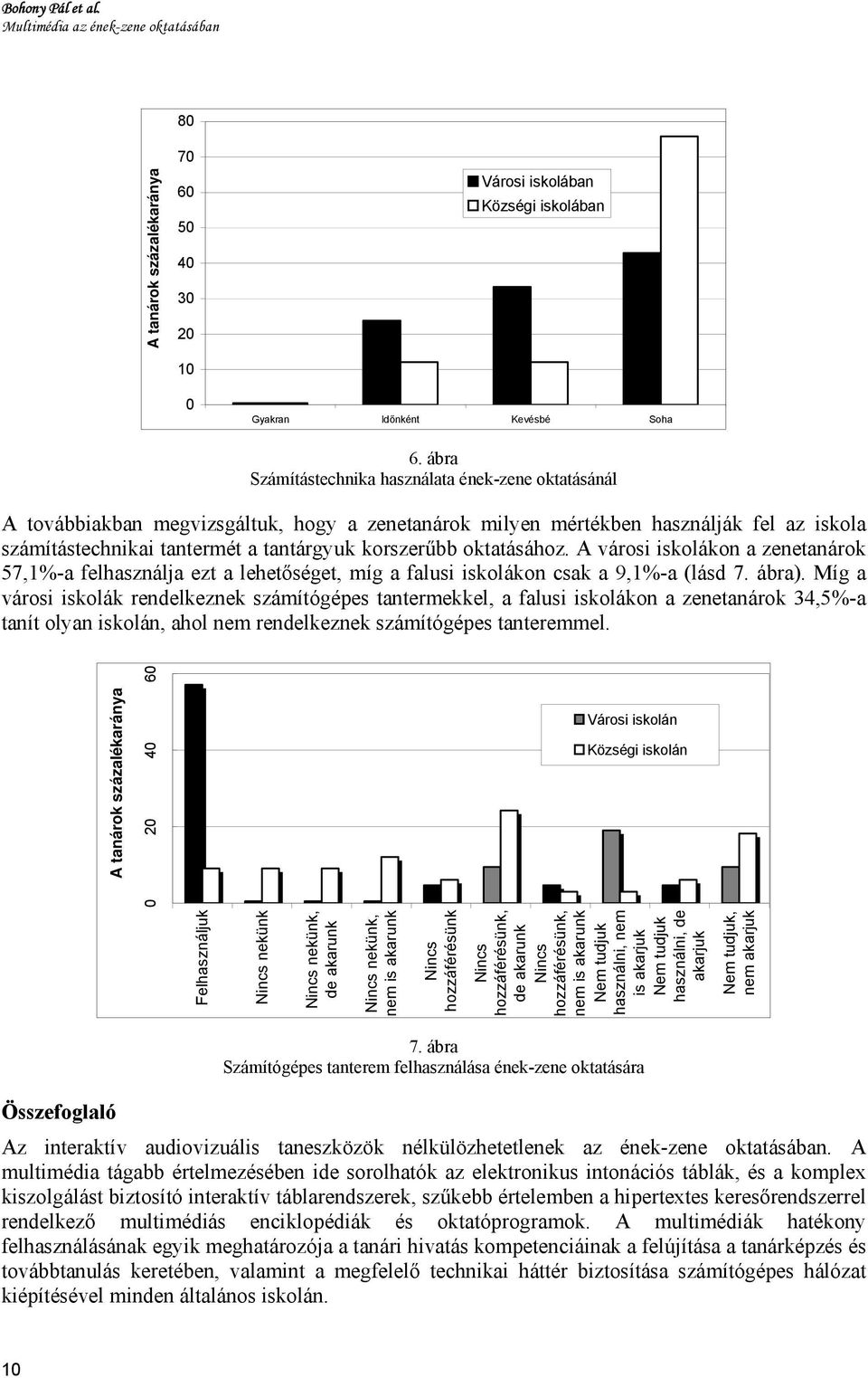 oktatásához. A városi iskolákon a zenetanárok 57,1%-a felhasználja ezt a lehetőséget, míg a falusi iskolákon csak a 9,1%-a (lásd 7. ábra).
