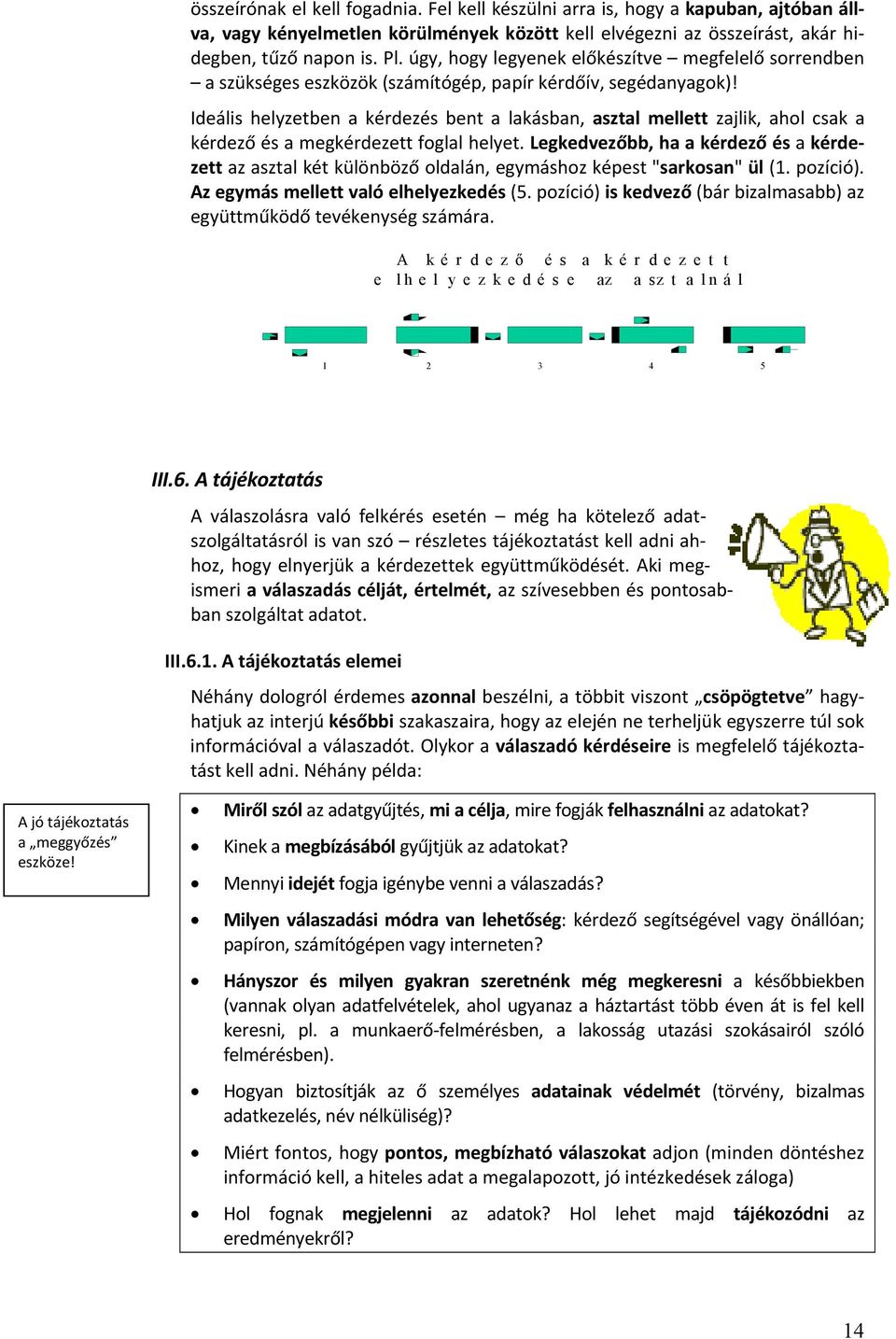 Ideális helyzetben a kérdezés bent a lakásban, asztal mellett zajlik, ahol csak a kérdező és a megkérdezett foglal helyet.