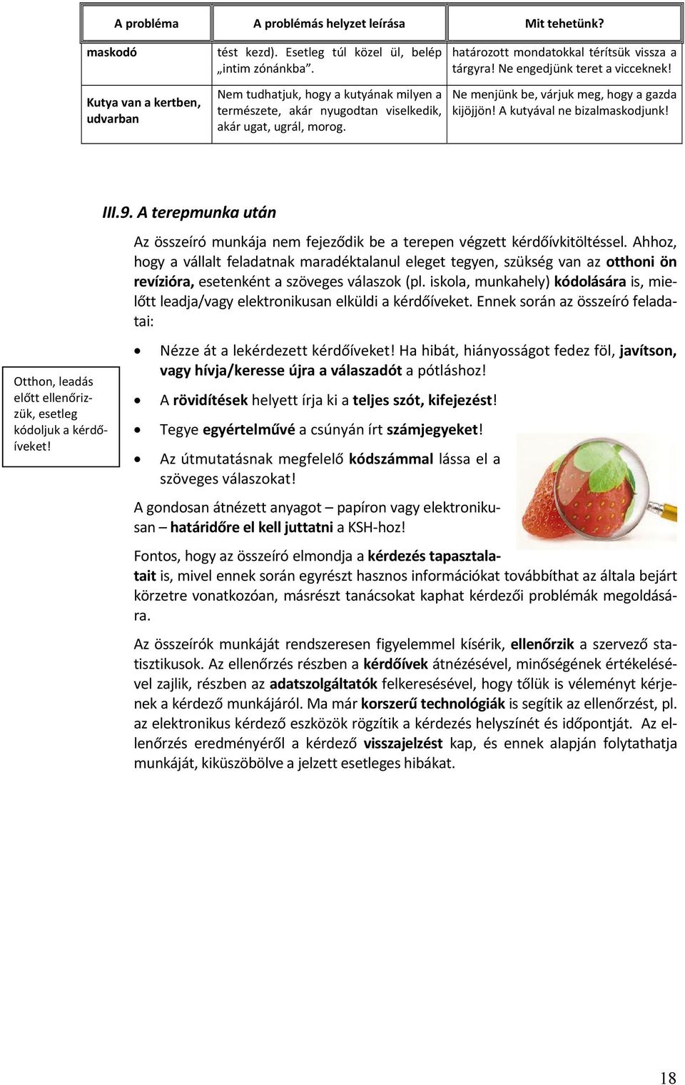 Ne menjünk be, várjuk meg, hogy a gazda kijöjjön! A kutyával ne bizalmaskodjunk! Otthon, leadás előtt ellenőrizzük, esetleg kódoljuk a kérdőíveket! III.9.