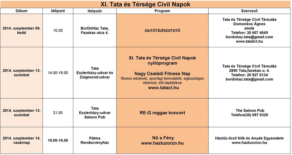 Tata és Térsége Civil Napok nyitóprogram Nagy Családi Fitness Nap fitness edzések, sportági bemutatók, egészséges életmód, élő táplálékok www.tatact.