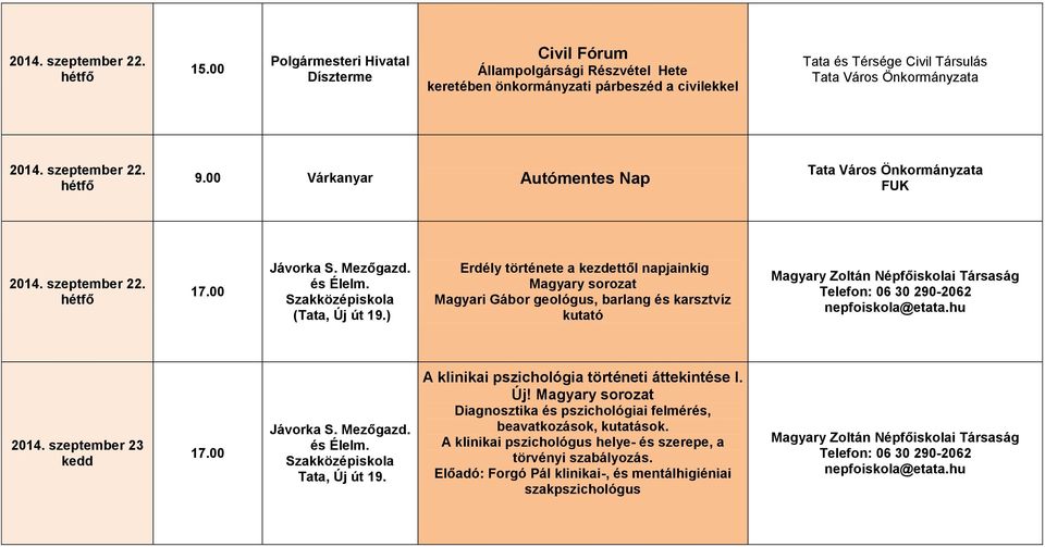 szeptember 22. hétfő 9.00 Várkanyar Autómentes Nap Tata Város Önkormányzata FUK 2014. szeptember 22. hétfő Jávorka S. Mezőgazd. és Élelm. Szakközépiskola (Tata, Új út 19.