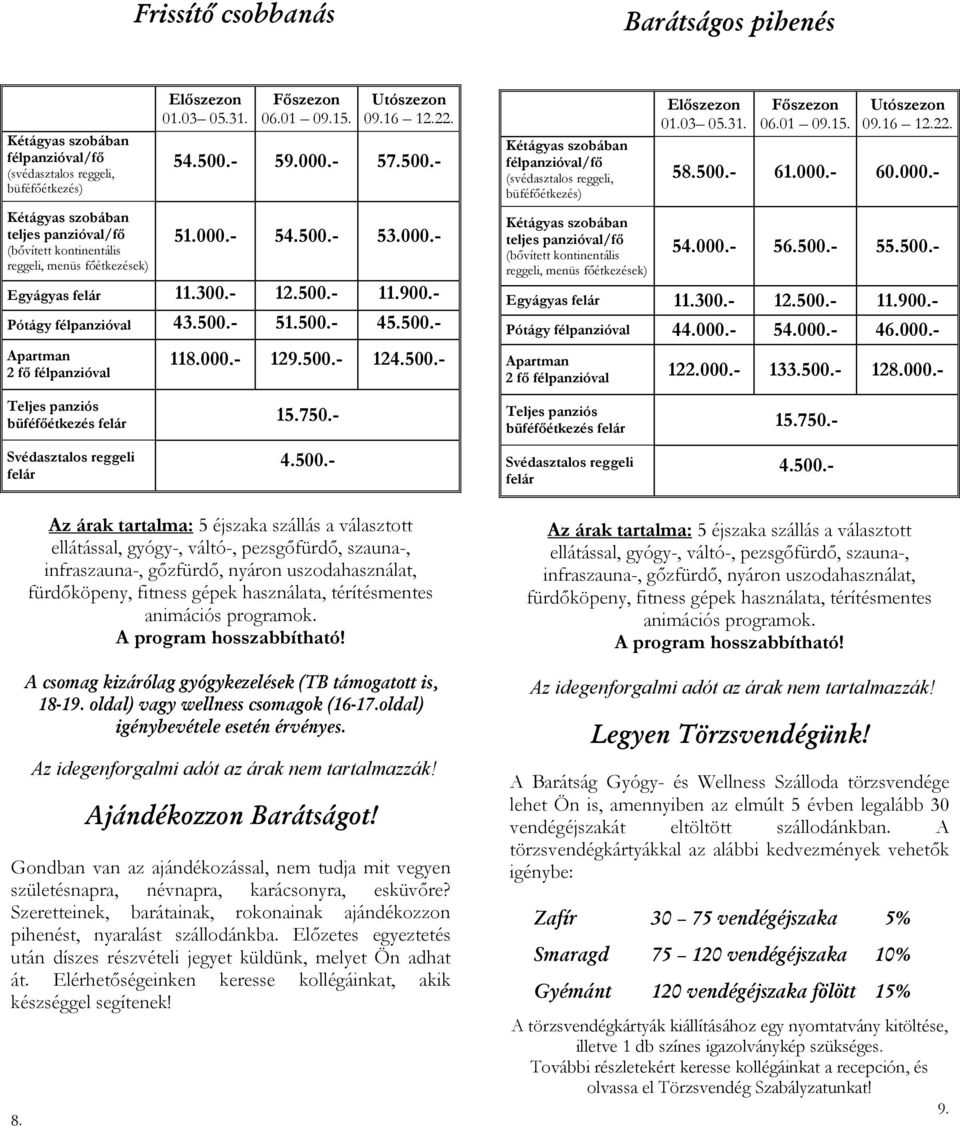 500.- 128.000.- büféfıétkezés 15.750.- 4.500.- 4.500.- Az árak tartalma: 5 éjszaka szállás a választott ellátással, gyógy-, váltó-, pezsgıfürdı, szauna-, infraszauna-, gızfürdı, nyáron uszodahasználat, A program hosszabbítható!