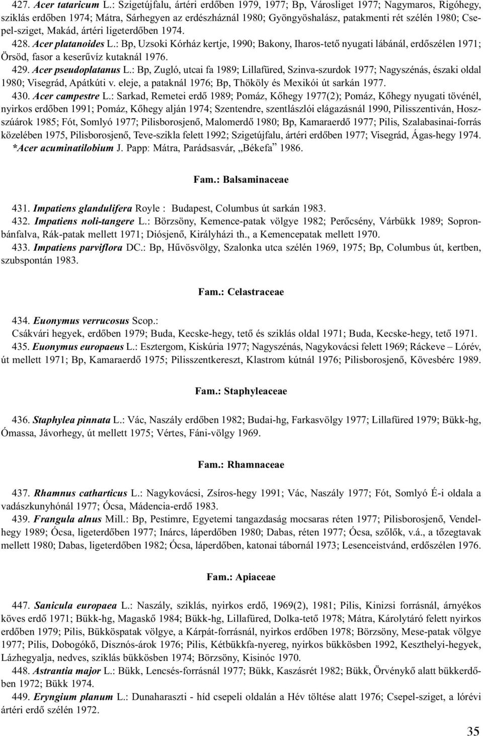 Csepel-sziget, Makád, ártéri ligeterdõben 1974. 428. Acer platanoides L.: Bp, Uzsoki Kórház kertje, 1990; Bakony, Iharos-tetõ nyugati lábánál, erdõszélen 1971; Örsöd, fasor a keserûvíz kutaknál 1976.