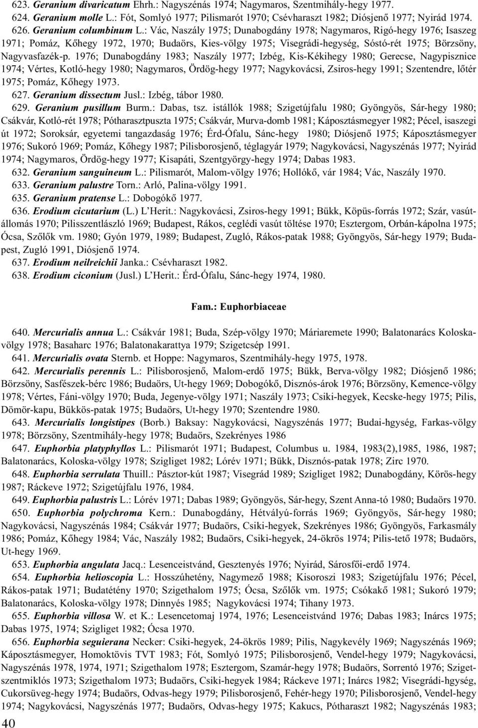 : Vác, Naszály 1975; Dunabogdány 1978; Nagymaros, Rigó-hegy 1976; Isaszeg 1971; Pomáz, Kõhegy 1972, 1970; Budaörs, Kies-völgy 1975; Visegrádi-hegység, Sóstó-rét 1975; Börzsöny, Nagyvasfazék-p.