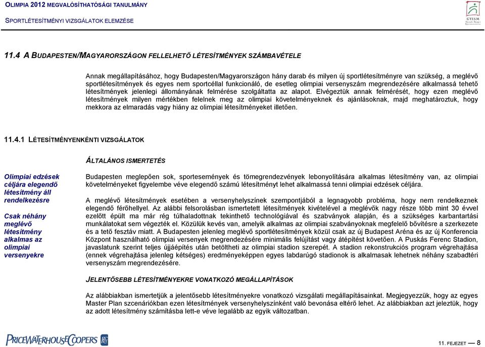 Elvégeztük annak felmérését, hogy ezen meglévő létesítmények milyen mértékben felelnek meg az olimpiai követelményeknek és ajánlásoknak, majd meghatároztuk, hogy mekkora az elmaradás vagy hiány az