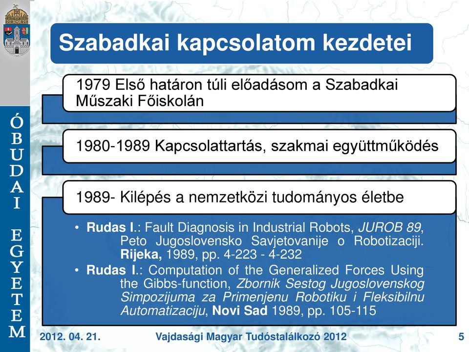 : Fault Diagnosis in Industrial Robots, JUROB 89, Peto Jugoslovensko Savjetovanije o Robotizaciji. Rijeka, 1989, pp. 4-223 - 4-232 Rudas I.