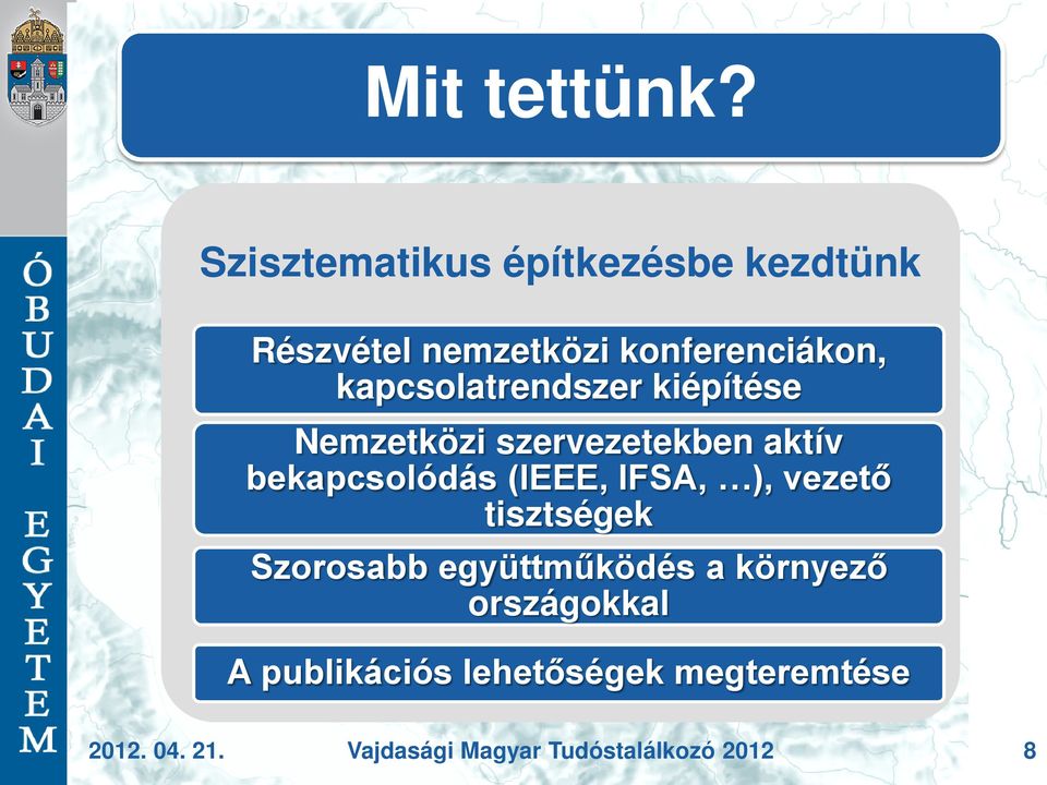 kapcsolatrendszer kiépítése Nemzetközi szervezetekben aktív bekapcsolódás (IEEE,