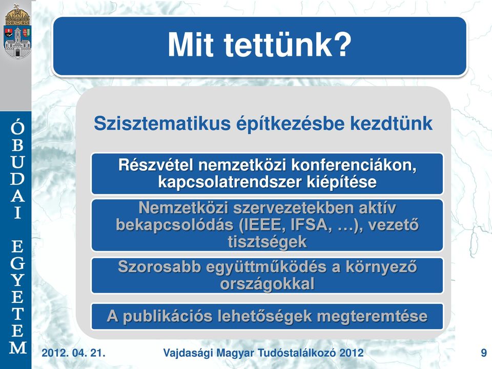 kapcsolatrendszer kiépítése Nemzetközi szervezetekben aktív bekapcsolódás (IEEE,