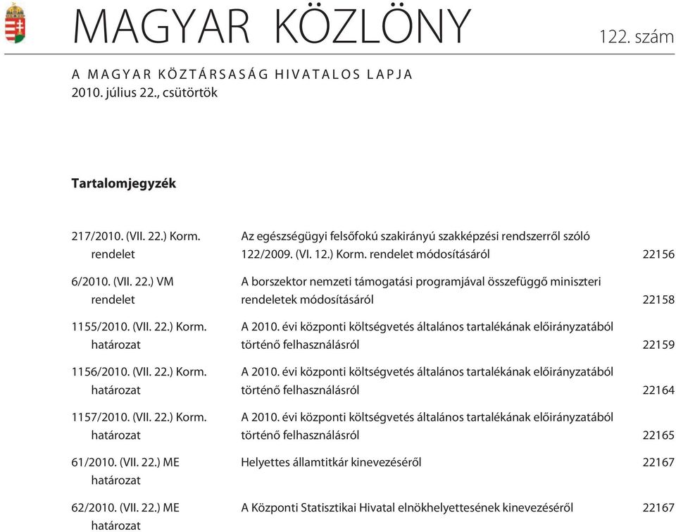 évi központi költségvetés általános tartalékának elõirányzatából történõ felhasználásról 22159 A 2010.