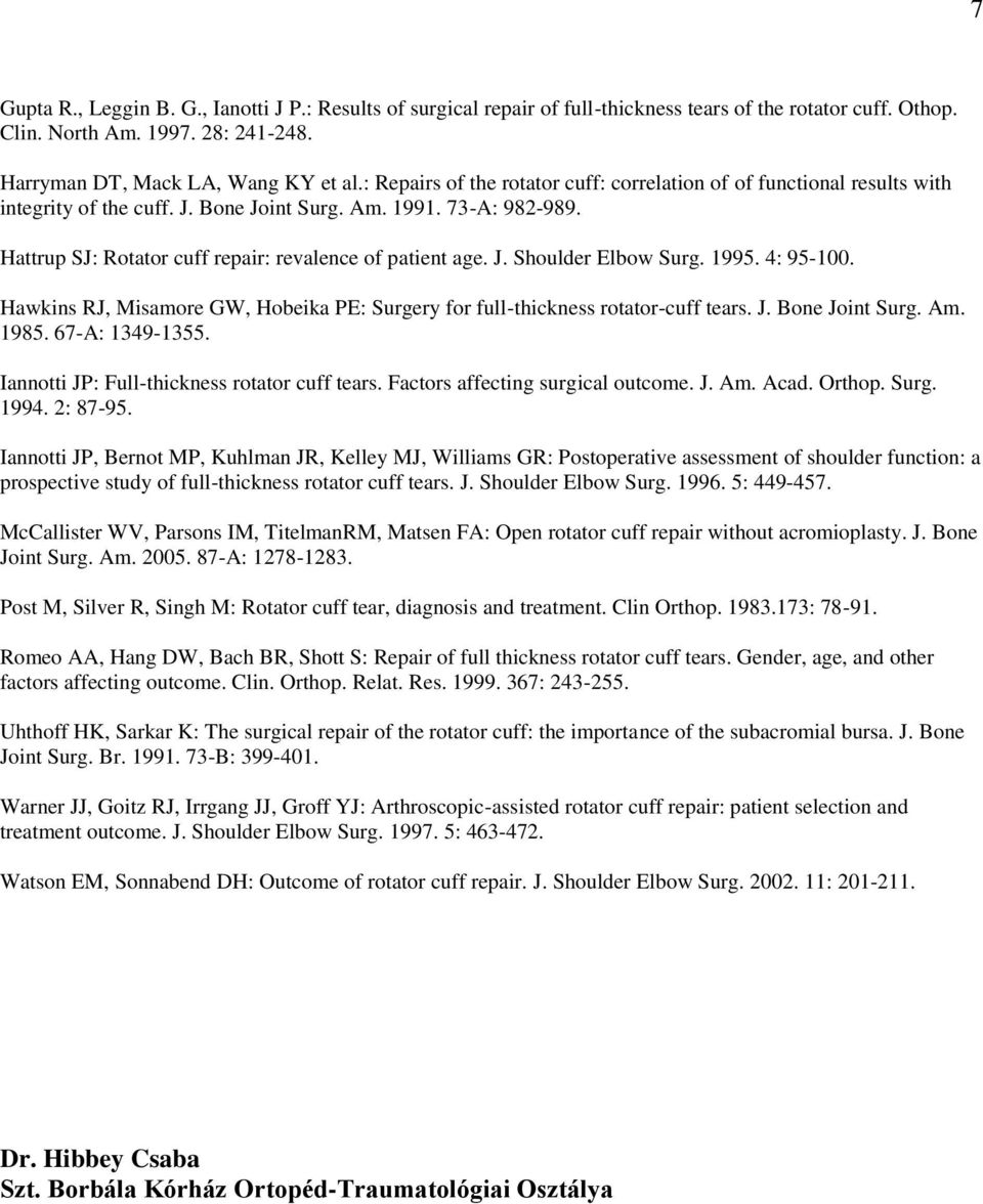 199. 4: 9100. Hawkins RJ, Misamore GW, Hobeika PE: Surgery for fullthickness rotatorcuff tears. J. Bone Joint Surg. Am. 198. 6A: 134913. Iannotti JP: Fullthickness rotator cuff tears.