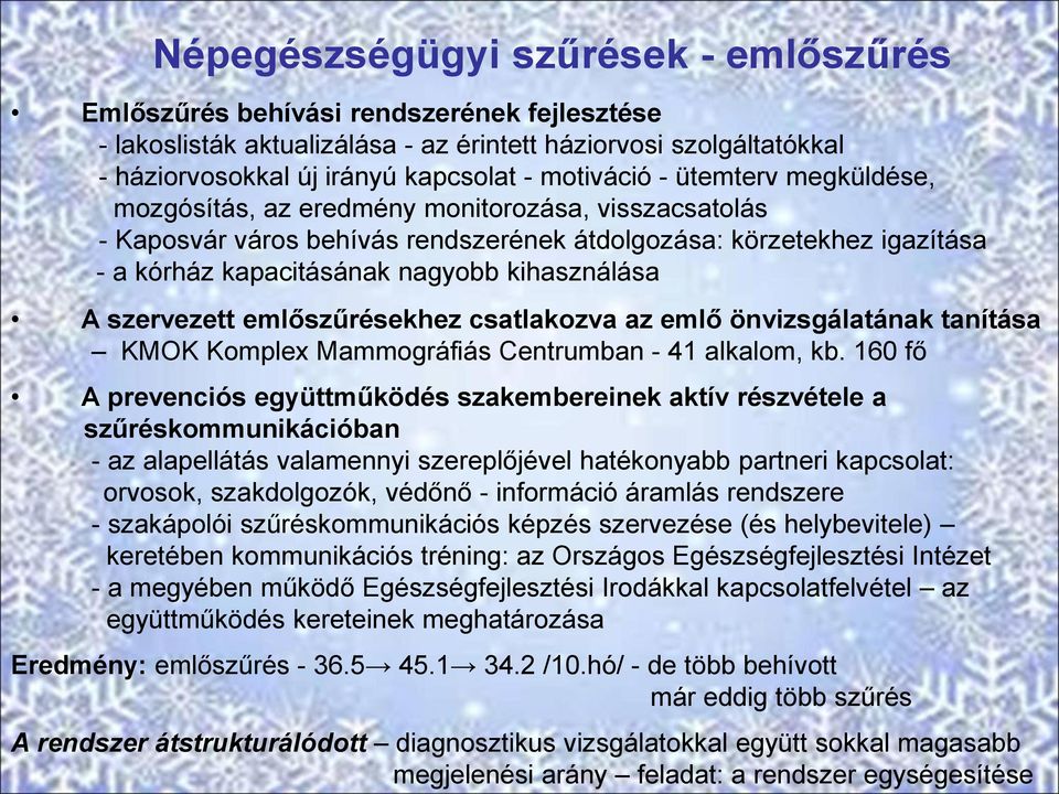 kihasználása A szervezett emlőszűrésekhez csatlakozva az emlő önvizsgálatának tanítása KMOK Komplex Mammográfiás Centrumban - 41 alkalom, kb.