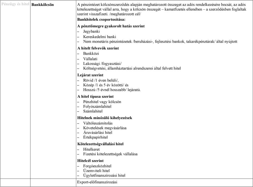 /meghatározott cél/ Bankhitelek csoportosítása: A pénztömegre gyakorolt hatás szerint Jegybanki Kereskedelmi banki Nem monetáris pénzintézetek /beruházási-, fejlesztési bankok, takarékpénztárak/