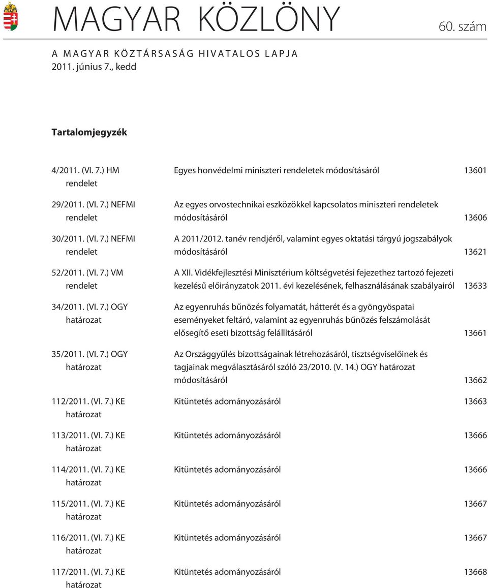 (VI. 7.) KE határozat 117/2011. (VI. 7.) KE határozat Egyes honvédelmi miniszteri rendeletek módosításáról 13601 Az egyes orvostechnikai eszközökkel kapcsolatos miniszteri rendeletek módosításáról 13606 A 2011/2012.