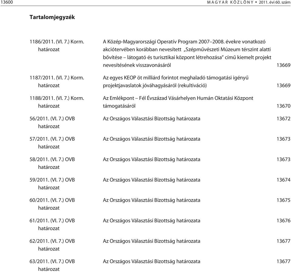 évekre vonatkozó akciótervében korábban nevesített Szépmûvészeti Múzeum térszint alatti bõvítése látogató és turisztikai központ létrehozása címû kiemelt projekt nevesítésének visszavonásáról 13669