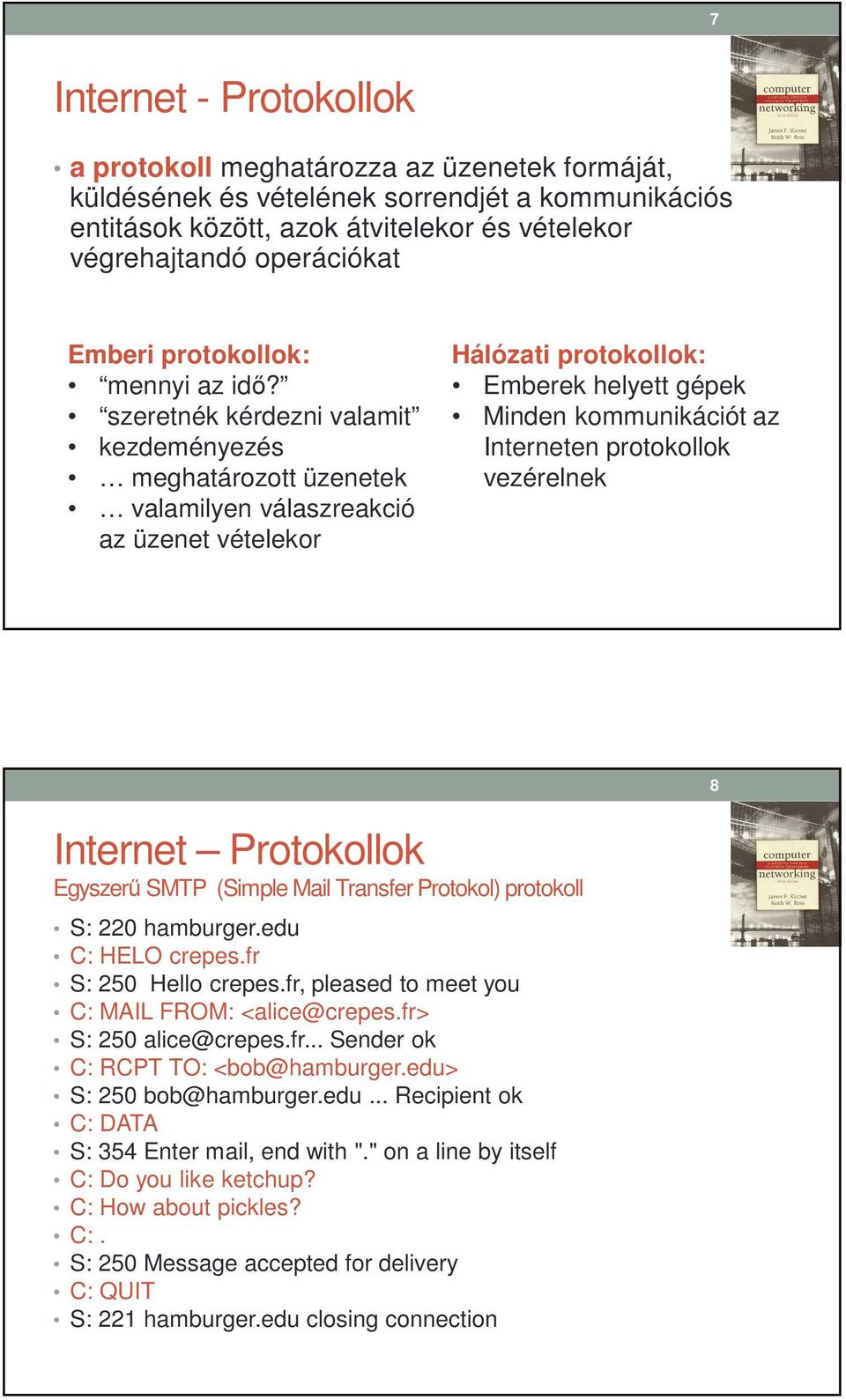 szeretnék kérdezni valamit kezdeményezés meghatározott üzenetek valamilyen válaszreakció az üzenet vételekor Hálózati protokollok: Emberek helyett gépek inden kommunikációt az Interneten protokollok