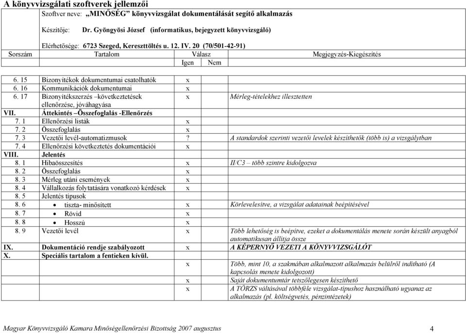 4 Ellenőrzési következtetés dokumentációi VIII. Jelentés 8. 1 Hibaösszesítés II/C3 több szintre kidolgozva 8. 2 Összefoglalás 8. 3 Mérleg utáni események 8.