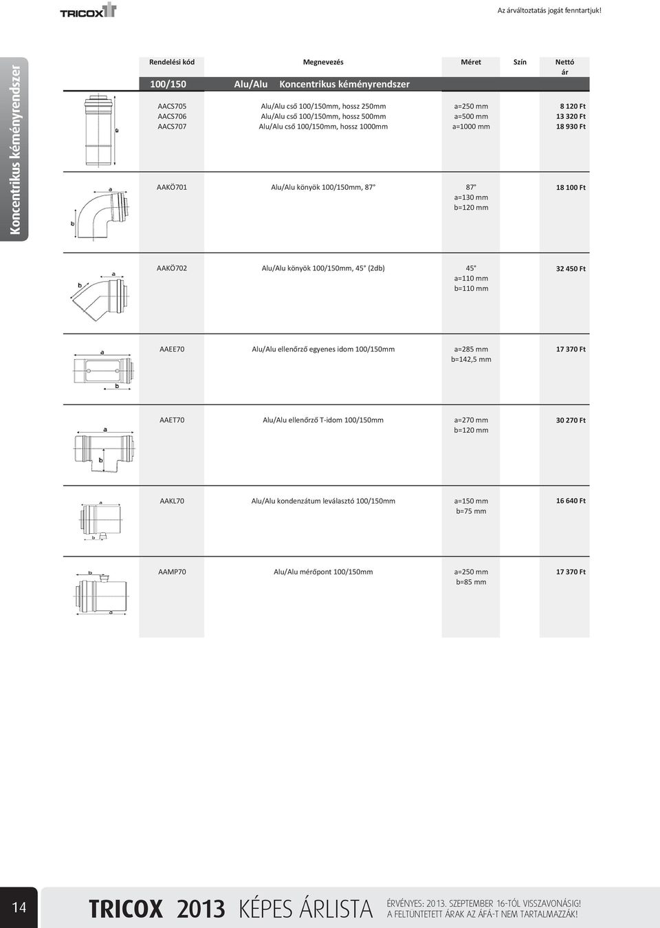 450 Ft AAEE70 Alu/Alu ellen rz egyenes idom 100/150mm a=285 mm b=142,5 mm 17 370 Ft AAET70 Alu/Alu ellen rz T-idom 100/150mm a=270 mm b=120 mm 30 270 Ft AAKL70 Alu/Alu kondenzátum leválasztó