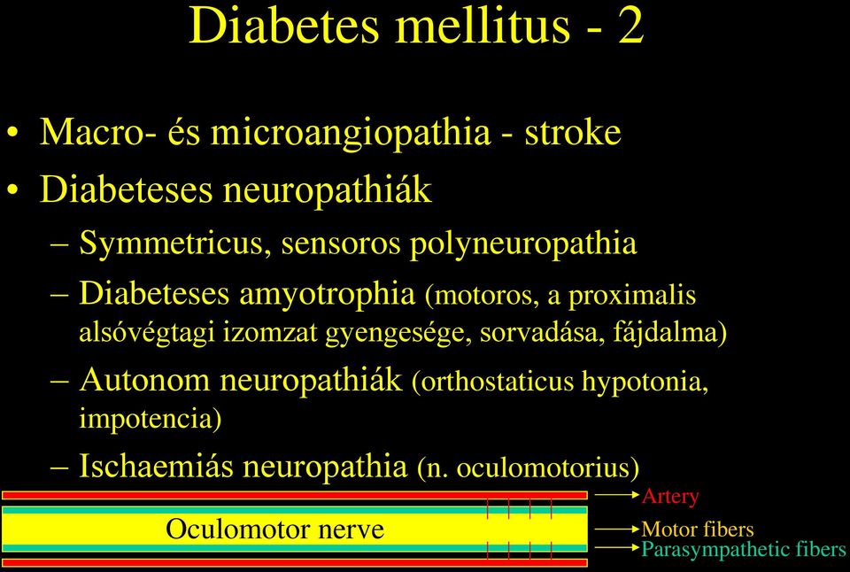 gyengesége, sorvadása, fájdalma) Autonom neuropathiák (orthostaticus hypotonia, impotencia)