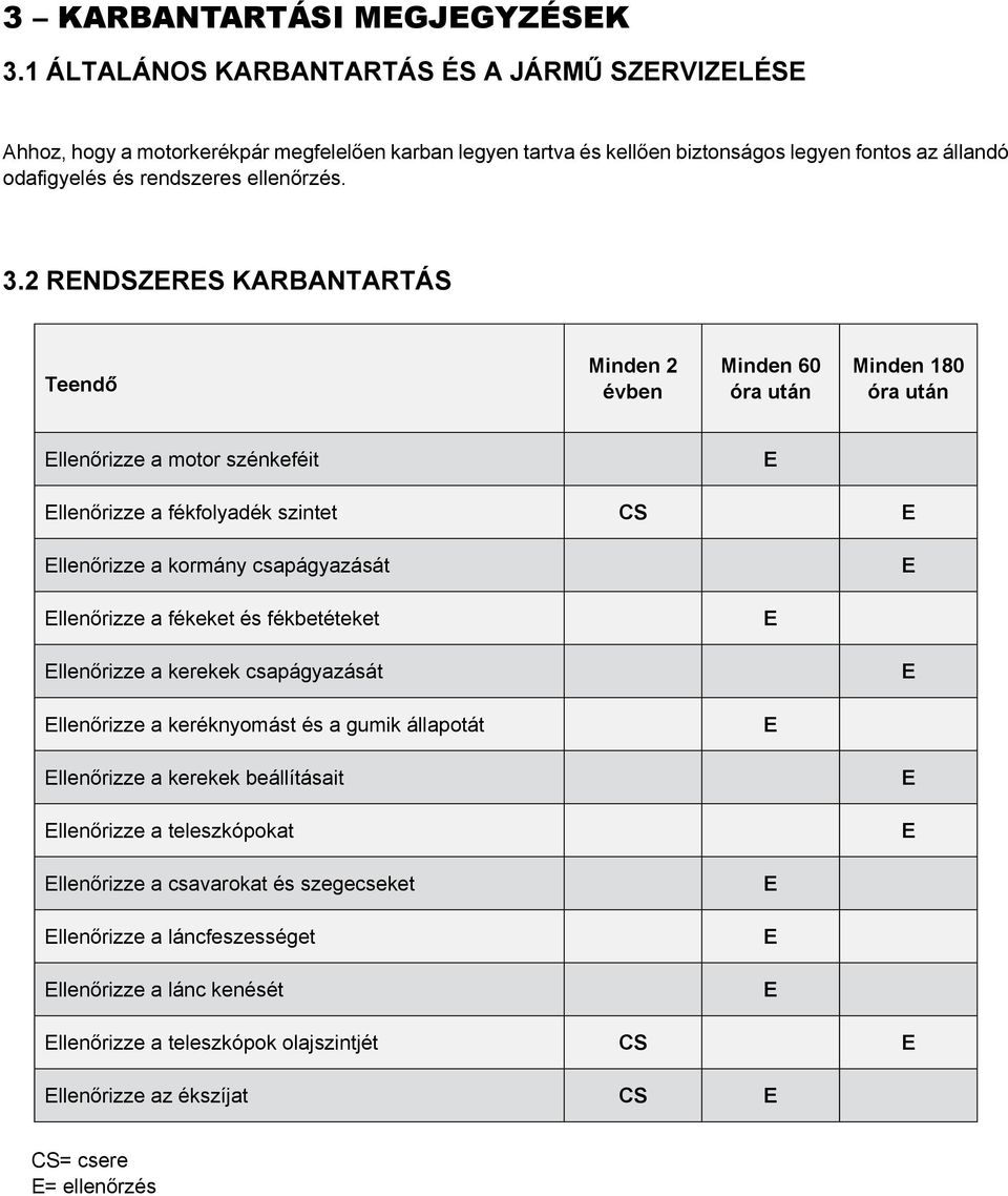 2 RENDSZERES KARBANTARTÁS Teendő Minden 2 évben Minden 60 óra után Minden 180 óra után Ellenőrizze a motor szénkeféit E Ellenőrizze a fékfolyadék szintet CS E Ellenőrizze a kormány csapágyazását E