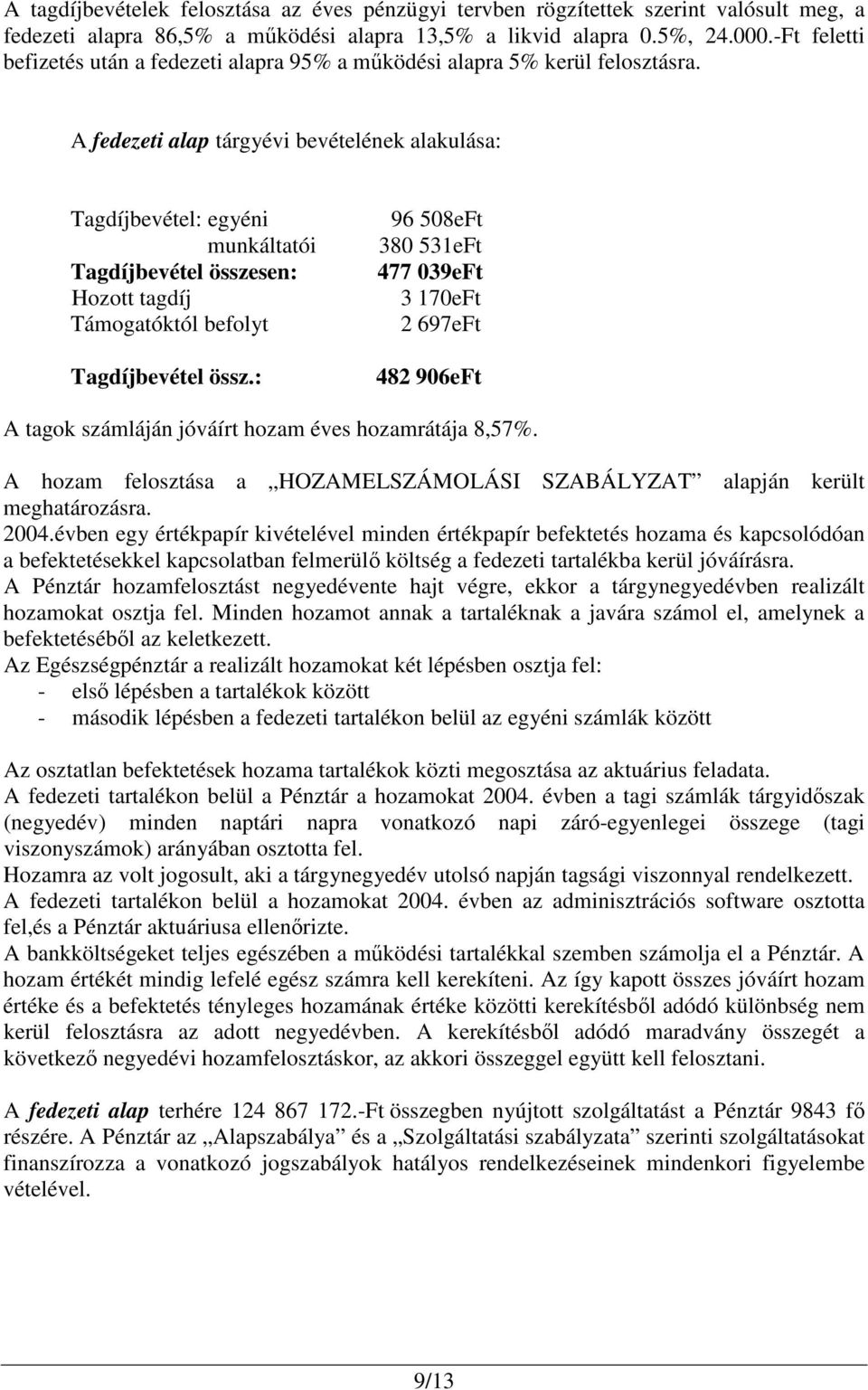 A fedezeti alap tárgyévi bevételének alakulása: Tagdíjbevétel: egyéni munkáltatói Tagdíjbevétel összesen: Hozott tagdíj Támogatóktól befolyt Tagdíjbevétel össz.