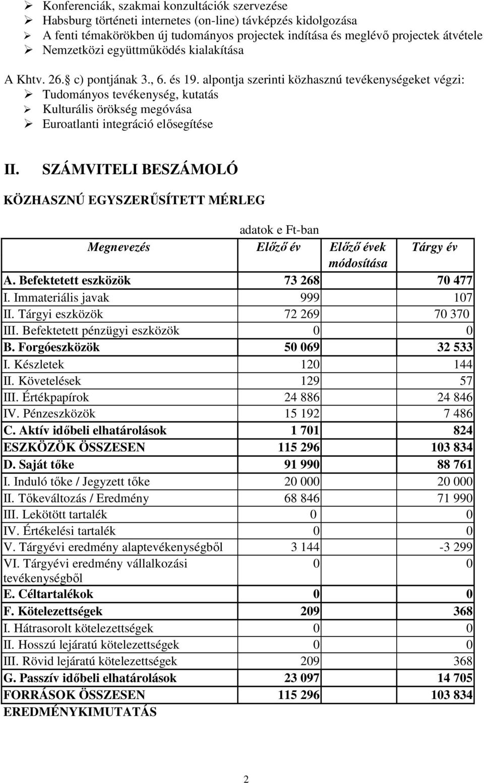 alpontja szerinti közhasznú tevékenységeket végzi: Tudományos tevékenység, kutatás Kulturális örökség megóvása Euroatlanti integráció elısegítése II.