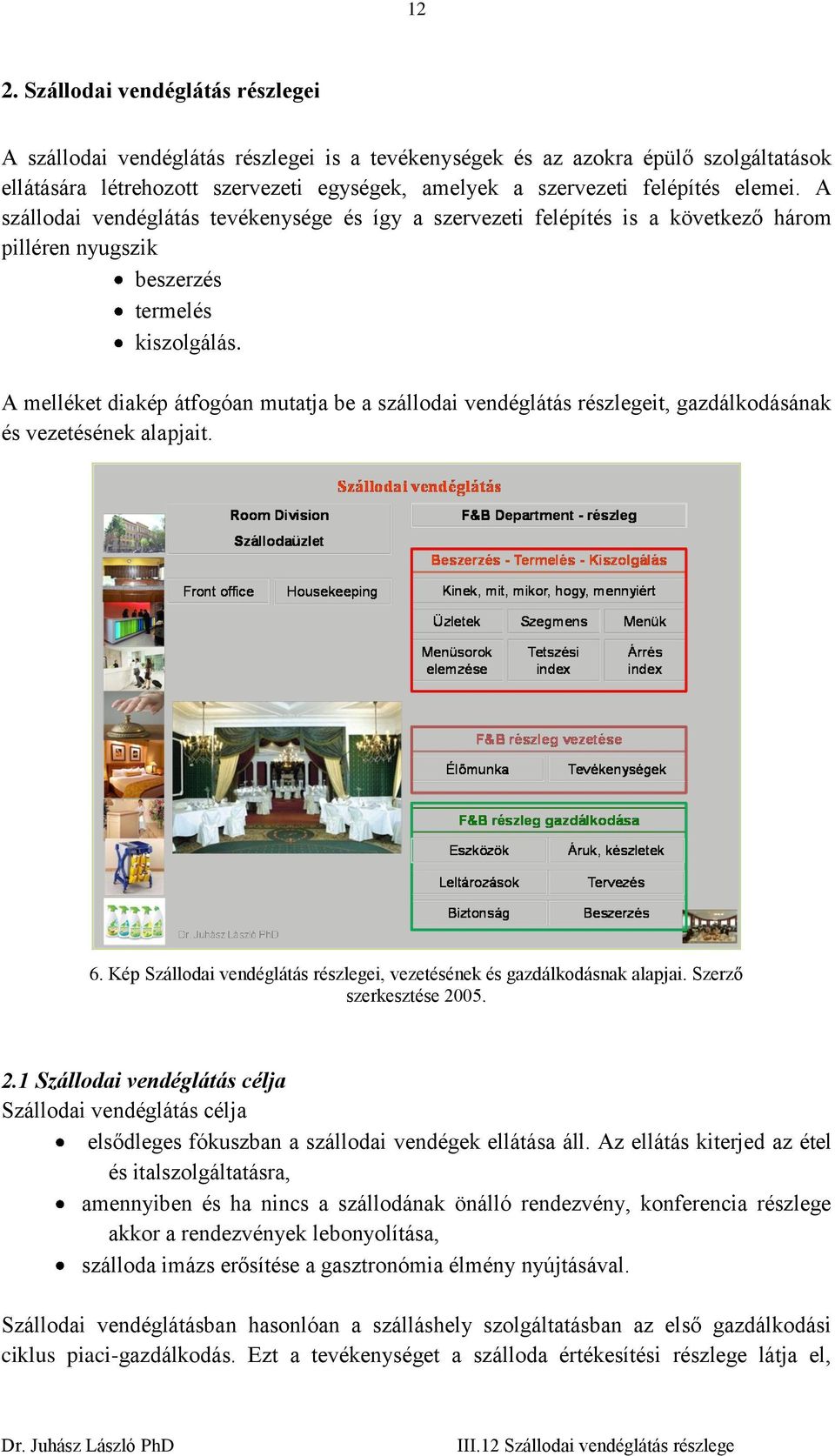 A melléket diakép átfogóan mutatja be a szállodai vendéglátás részlegeit, gazdálkodásának és vezetésének alapjait. 6. Kép Szállodai vendéglátás részlegei, vezetésének és gazdálkodásnak alapjai.