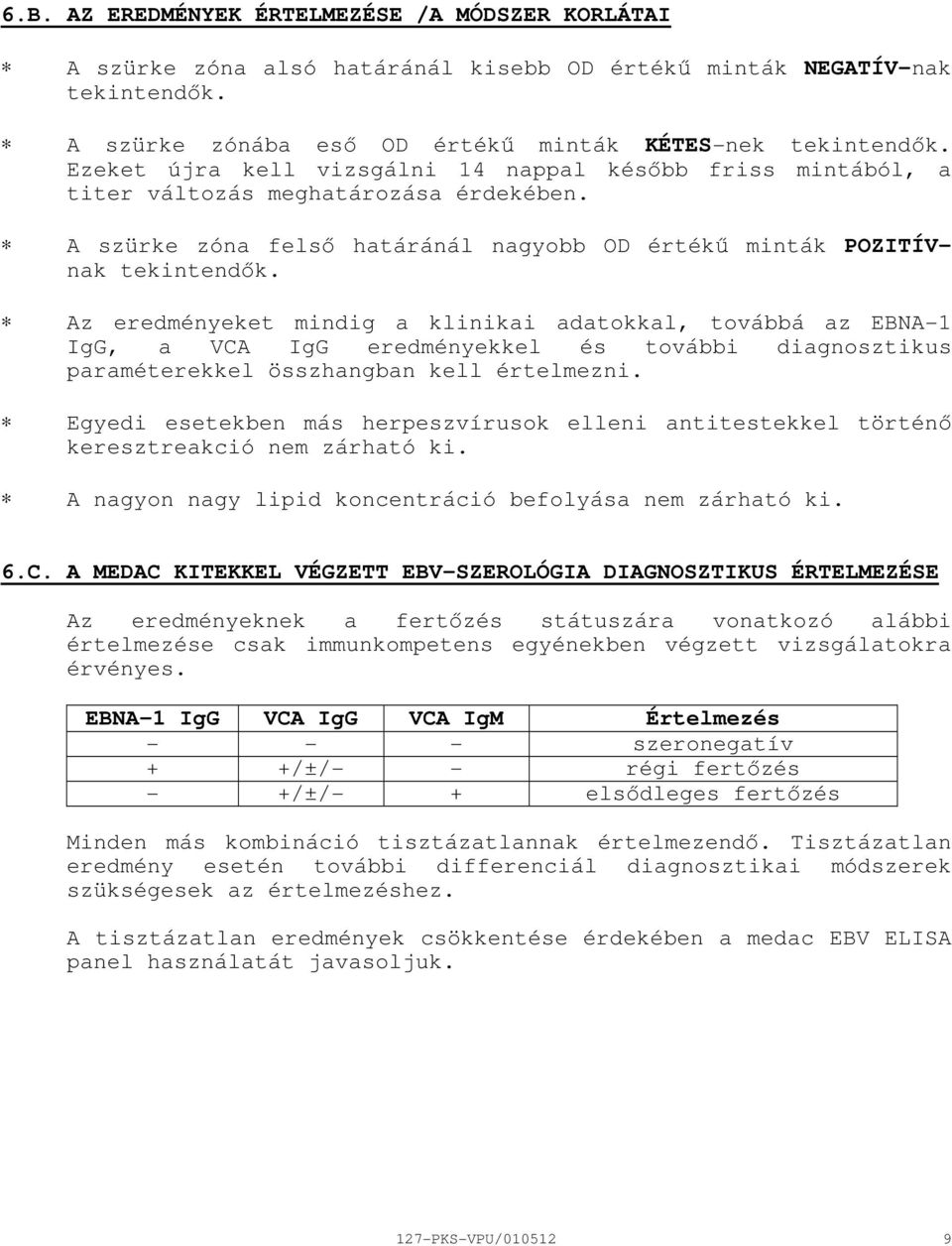 Az eredményeket mindig a klinikai adatokkal, továbbá az EBNA1 IgG, a VCA IgG eredményekkel és további diagnosztikus paraméterekkel összhangban kell értelmezni.