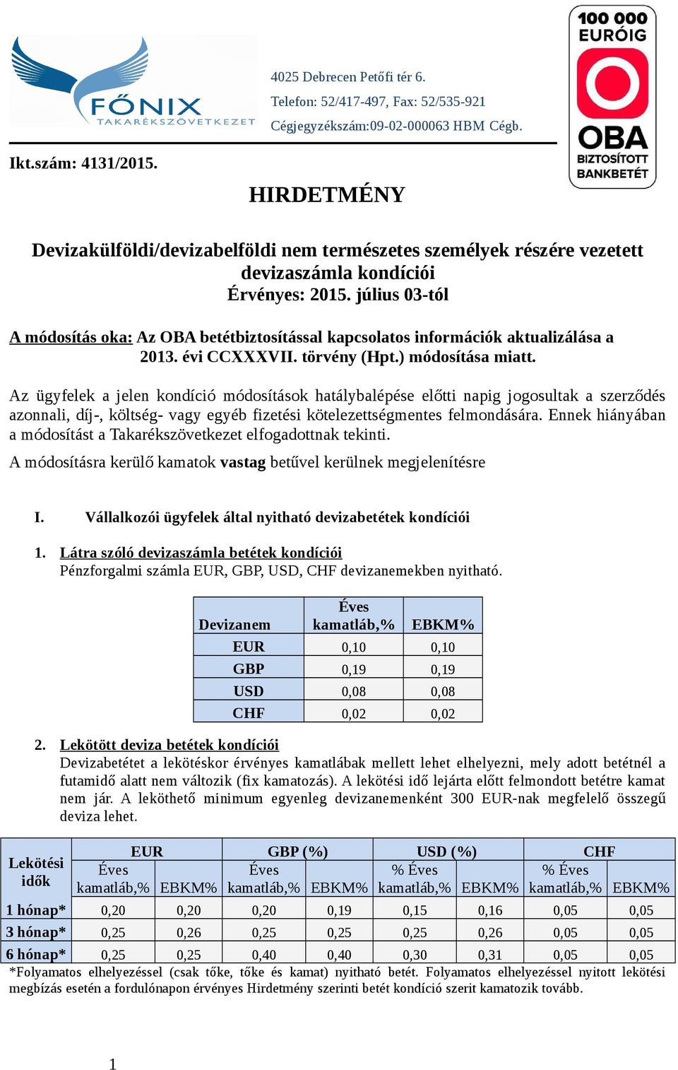 július 03-tól A módosítás oka: Az OBA betétbiztosítással kapcsolatos információk aktualizálása a 2013. évi CCXXXVII. törvény (Hpt.) módosítása miatt.