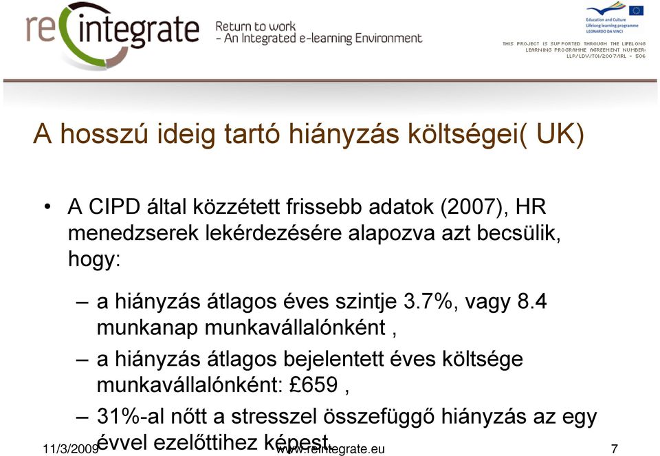 4 munkanap munkavállalónként, a hiányzás átlagos bejelentett éves költsége munkavállalónként: 659,