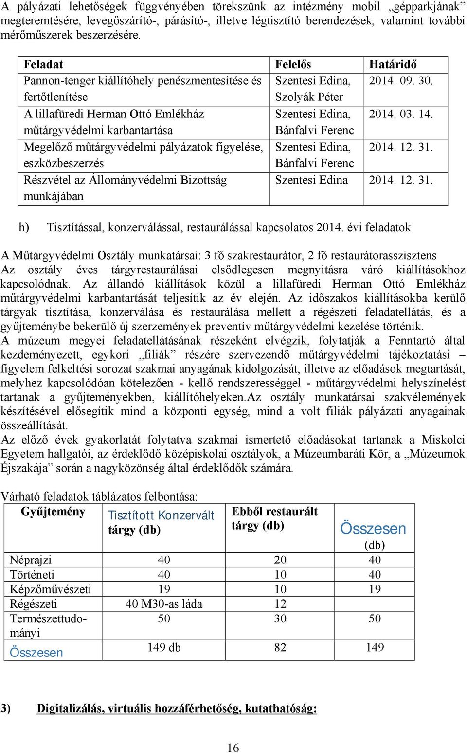 műtárgyvédelmi karbantartása Bánfalvi Ferenc Megelőző műtárgyvédelmi pályázatok figyelése, Szentesi Edina, 2014. 12. 31.