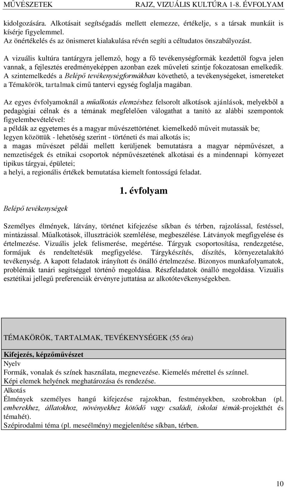 A szintemelkedés a Belépő tevékenységformákban követhető, a tevékenységeket, ismereteket a Témakörök, tartalmak című tantervi egység foglalja magában.