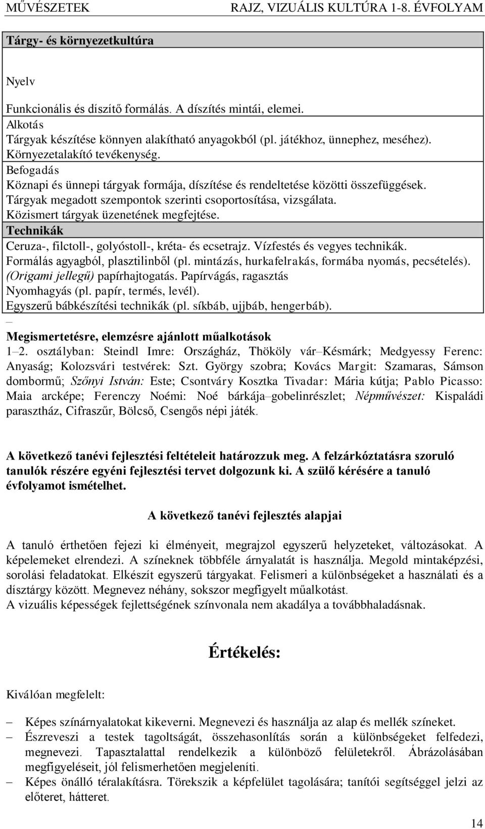 Közismert tárgyak üzenetének megfejtése. Technikák Ceruza-, filctoll-, golyóstoll-, kréta- és ecsetrajz. Vízfestés és vegyes technikák. Formálás agyagból, plasztilinből (pl.