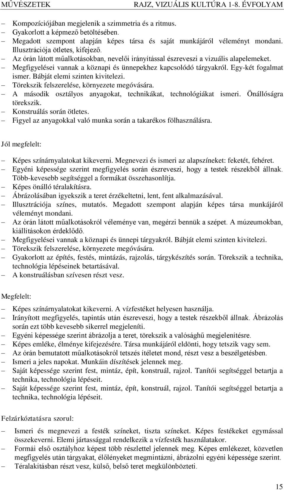 Bábját elemi szinten kivitelezi. Törekszik felszerelése, környezete megóvására. A második osztályos anyagokat, technikákat, technológiákat ismeri. Önállóságra törekszik. Konstruálás során ötletes.