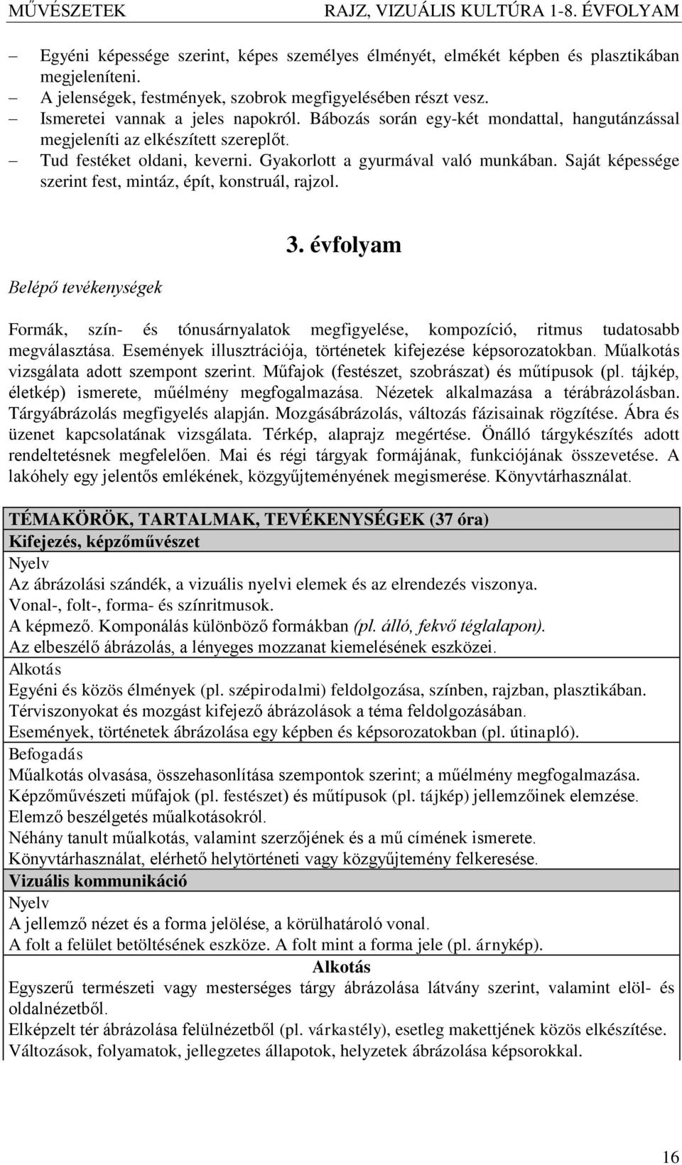 Saját képessége szerint fest, mintáz, épít, konstruál, rajzol. Belépő tevékenységek 3. évfolyam Formák, szín- és tónusárnyalatok megfigyelése, kompozíció, ritmus tudatosabb megválasztása.