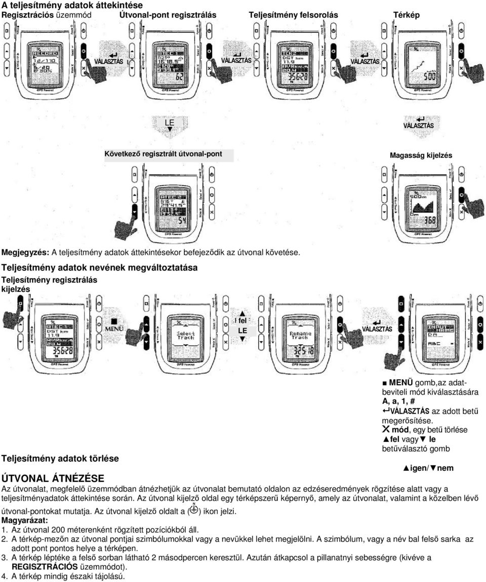 Teljesítmény adatok nevének megváltoztatása Teljesítmény regisztrálás kijelzés fel Teljesítmény adatok törlése MENÜ gomb,az adatbeviteli mód kiválasztására A, a, 1, # az adott betű megerősítése.