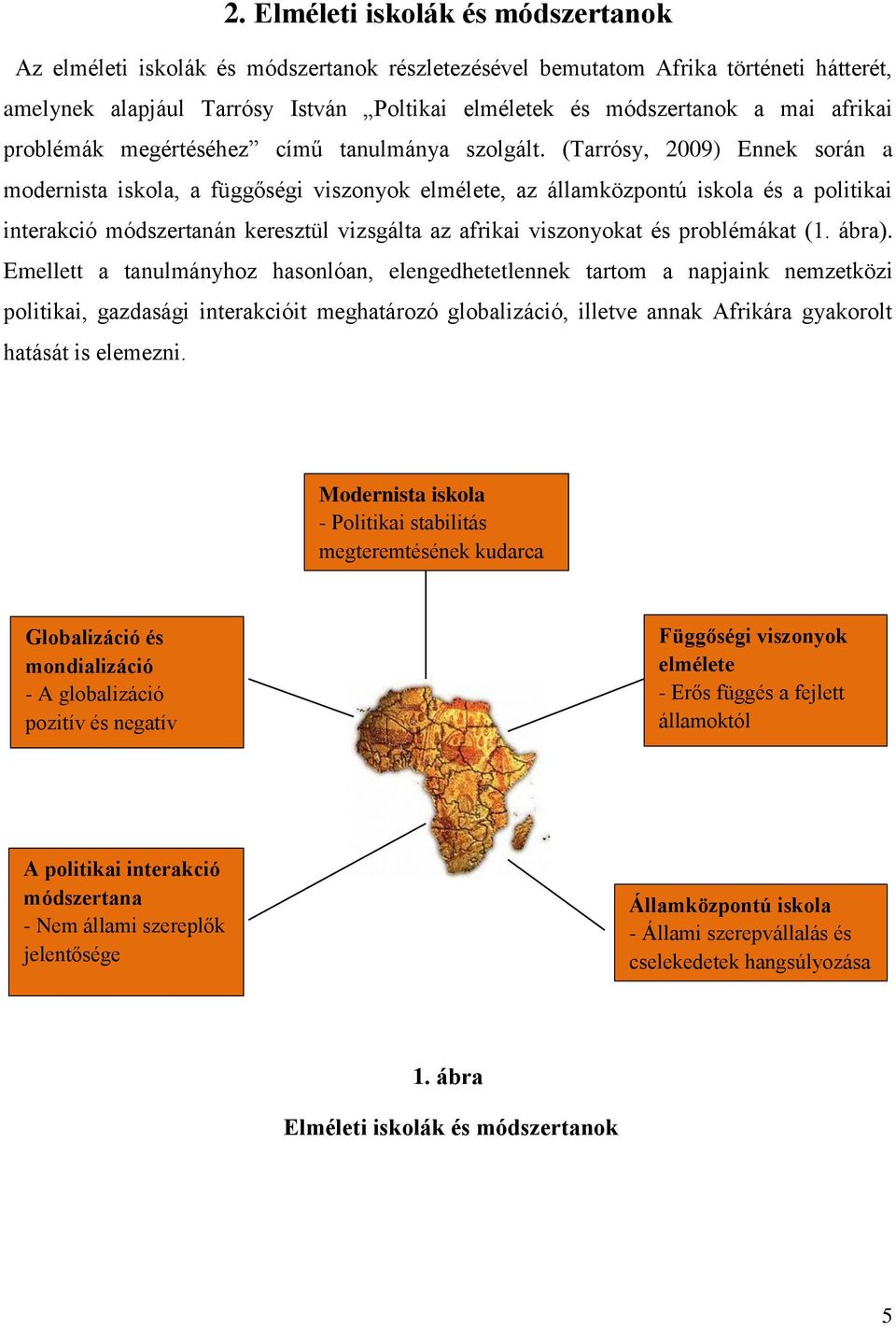 (Tarrósy, 2009) Ennek során a modernista iskola, a függőségi viszonyok elmélete, az államközpontú iskola és a politikai interakció módszertanán keresztül vizsgálta az afrikai viszonyokat és