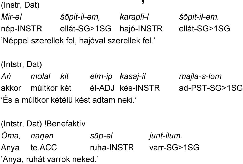 , (Intstr, Dat) Ań mōlal kit ēlm-ip kasaj-il majla-s-ləm akkor múltkor két él-adj kés-instr