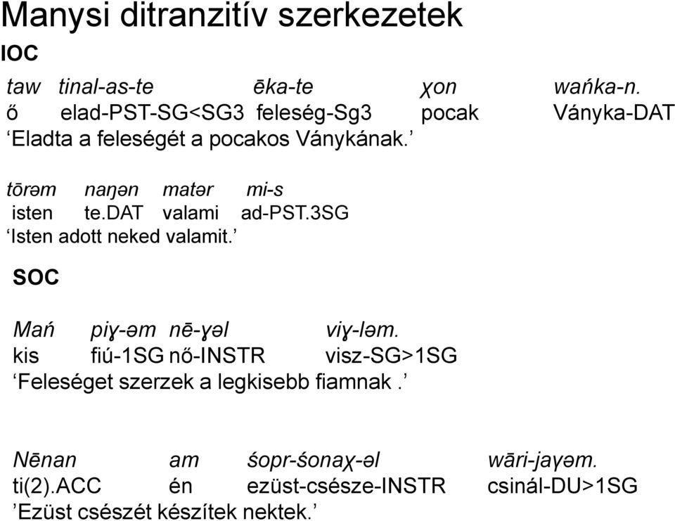 tōrəm naŋən matər mi-s isten te.dat valami ad-pst.3sg Isten adott neked valamit. SOC Mań piɣ-ǝm nē-ɣǝl viɣ-lǝm.