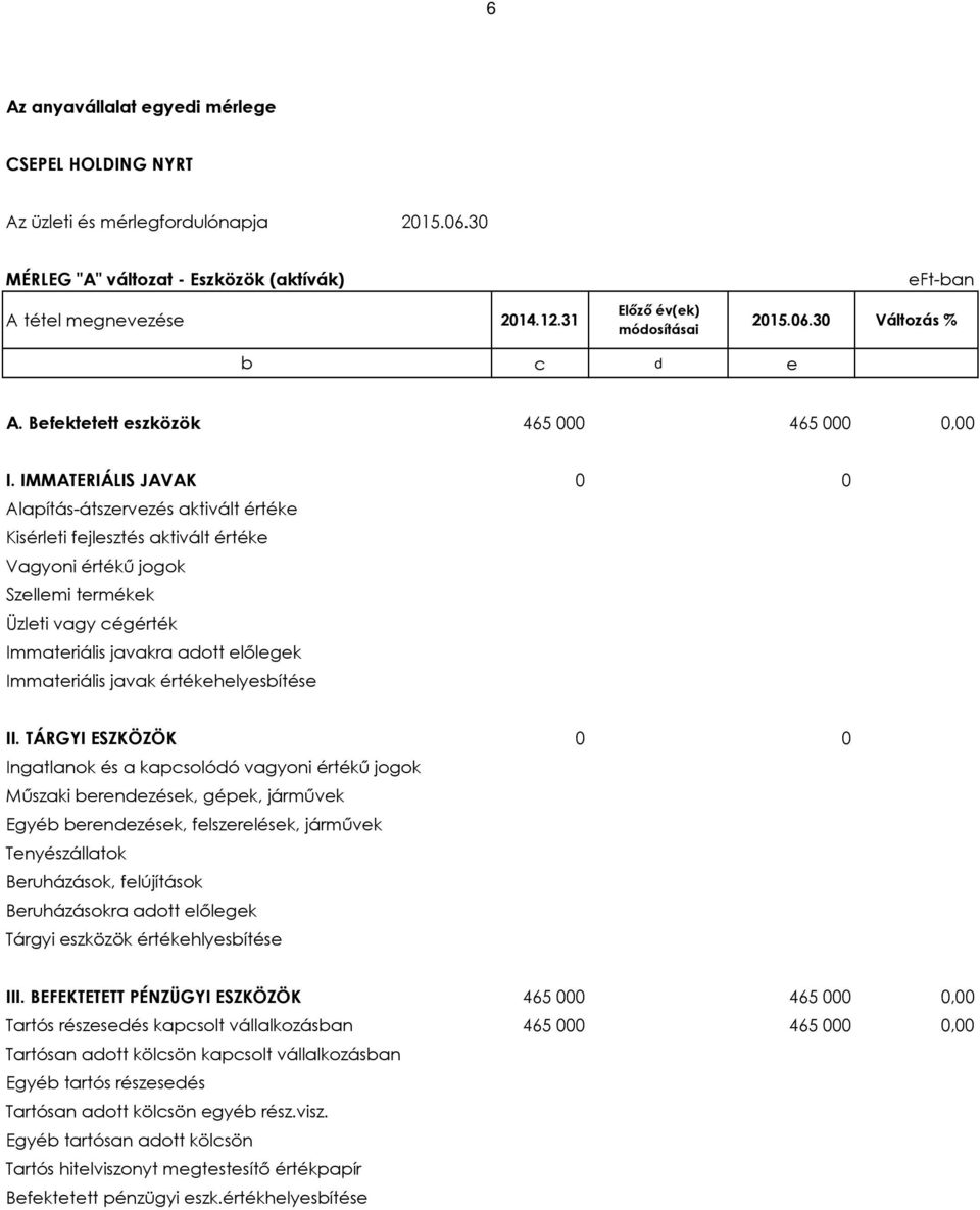 IMMATERIÁLIS JAVAK 0 0 Alapítás-átszervezés aktivált értéke Kisérleti fejlesztés aktivált értéke Vagyoni értékű jogok Szellemi termékek Üzleti vagy cégérték Immateriális javakra adott előlegek