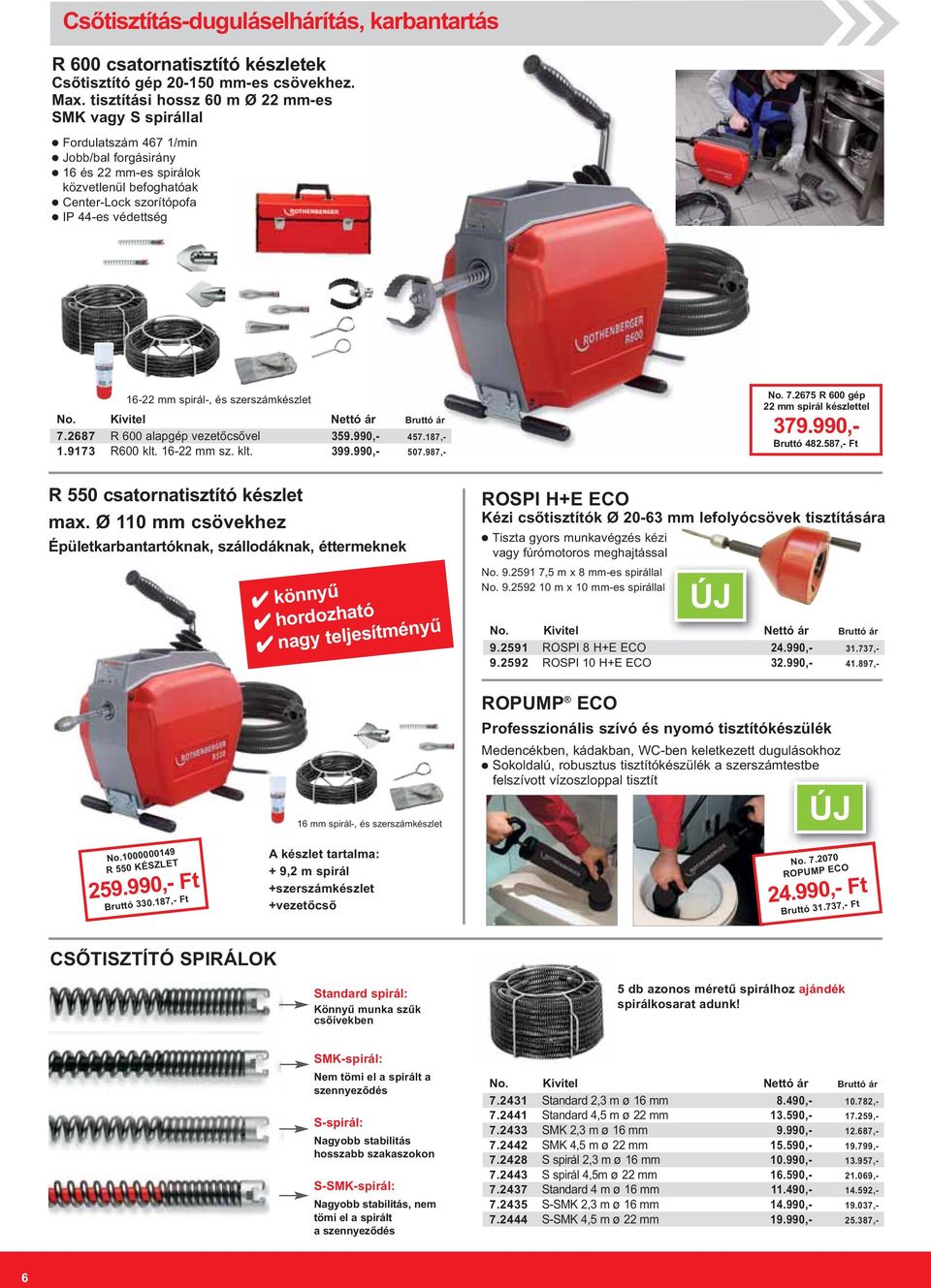 spirál-, és szerszámkészlet 7.2687 R 600 alapgép vezetőcsővel 359.990,- 457.187,- 1.9173 R600 klt. 16-22 mm sz. klt. 399.990,- 507.987,- R 550 csatornatisztító készlet max.