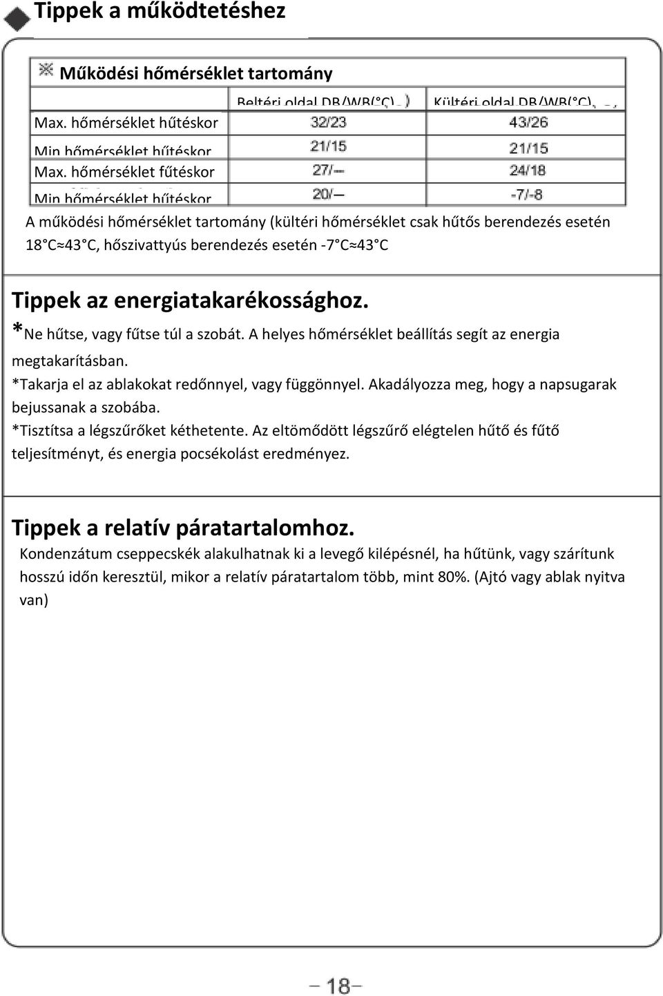 hőszivattyús berendezés esetén -7 C 43 C Tippek az energiatakarékossághoz. *Ne hűtse, vagy fűtse túl a szobát. A helyes hőmérséklet beállítás segít az energia megtakarításban.