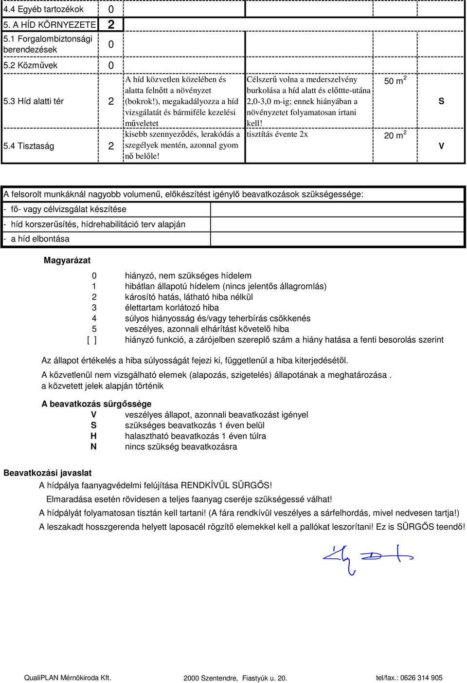 Célszerű volna a mederszelvény burkolása a híd alatt és előttte-utána 2,0-3,0 m-ig; ennek hiányában a növényzetet folyamatosan irtani kell!