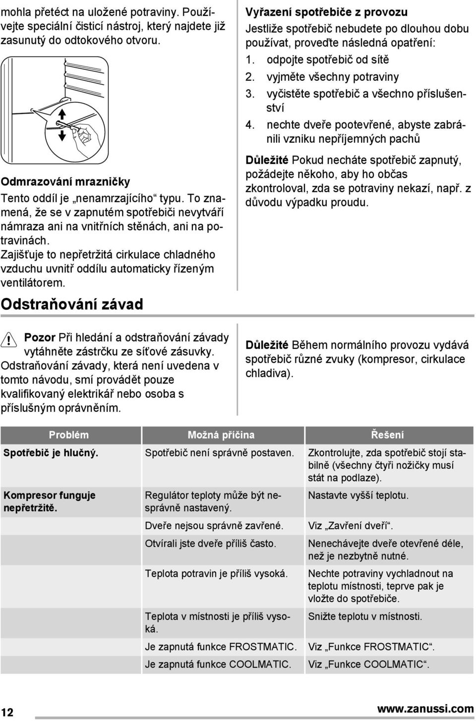 Zajišťuje to nep etržitá cirkulace chladného vzduchu uvnit oddílu automaticky ízeným ventilátorem. Odstraňování závad Pozor P i hledání a odstraňování závady vytáhněte zástrčku ze síťové zásuvky.