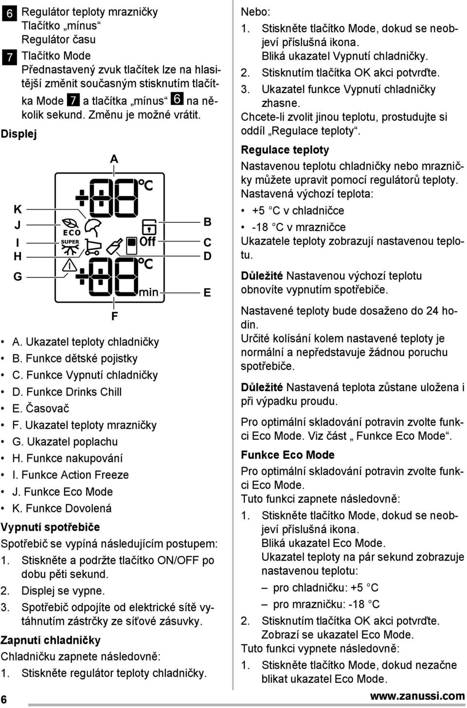 Ukazatel teploty mrazničky G. Ukazatel poplachu H. Funkce nakupování I. Funkce Action Freeze J. Funkce Eco Mode K.