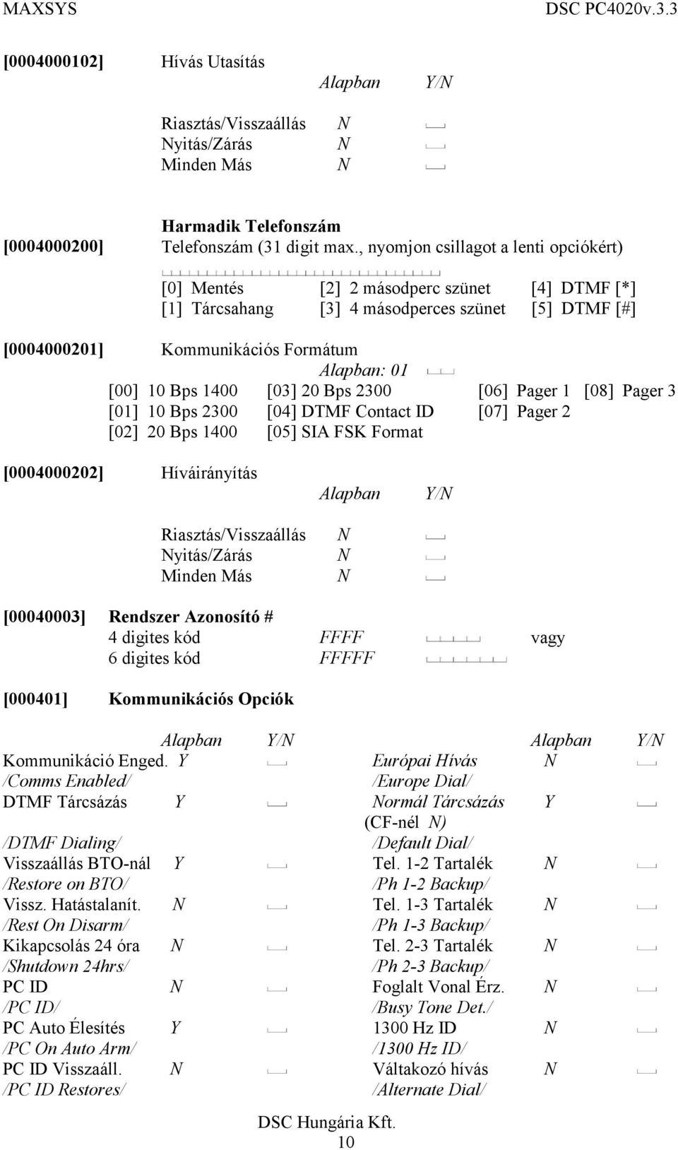 [03] 20 Bps 2300 [06] Pager 1 [08] Pager 3 [01] 10 Bps 2300 [04] DTMF Contact ID [07] Pager 2 [02] 20 Bps 1400 [05] SIA FSK Format [0004000202] Híváirányítás Riasztás/Visszaállás Nyitás/Zárás Minden