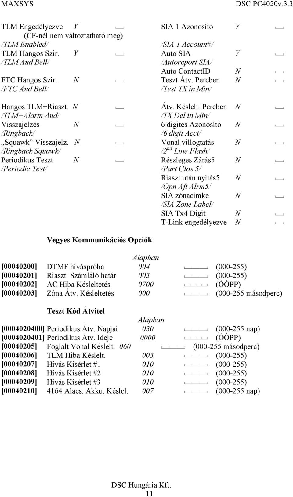 Percben N /TLM+Alarm Aud/ /TX Del in Min/ Visszajelzés N 6 digites Azonosító N /Ringback/ /6 digit Acct/ Squawk Visszajelz.