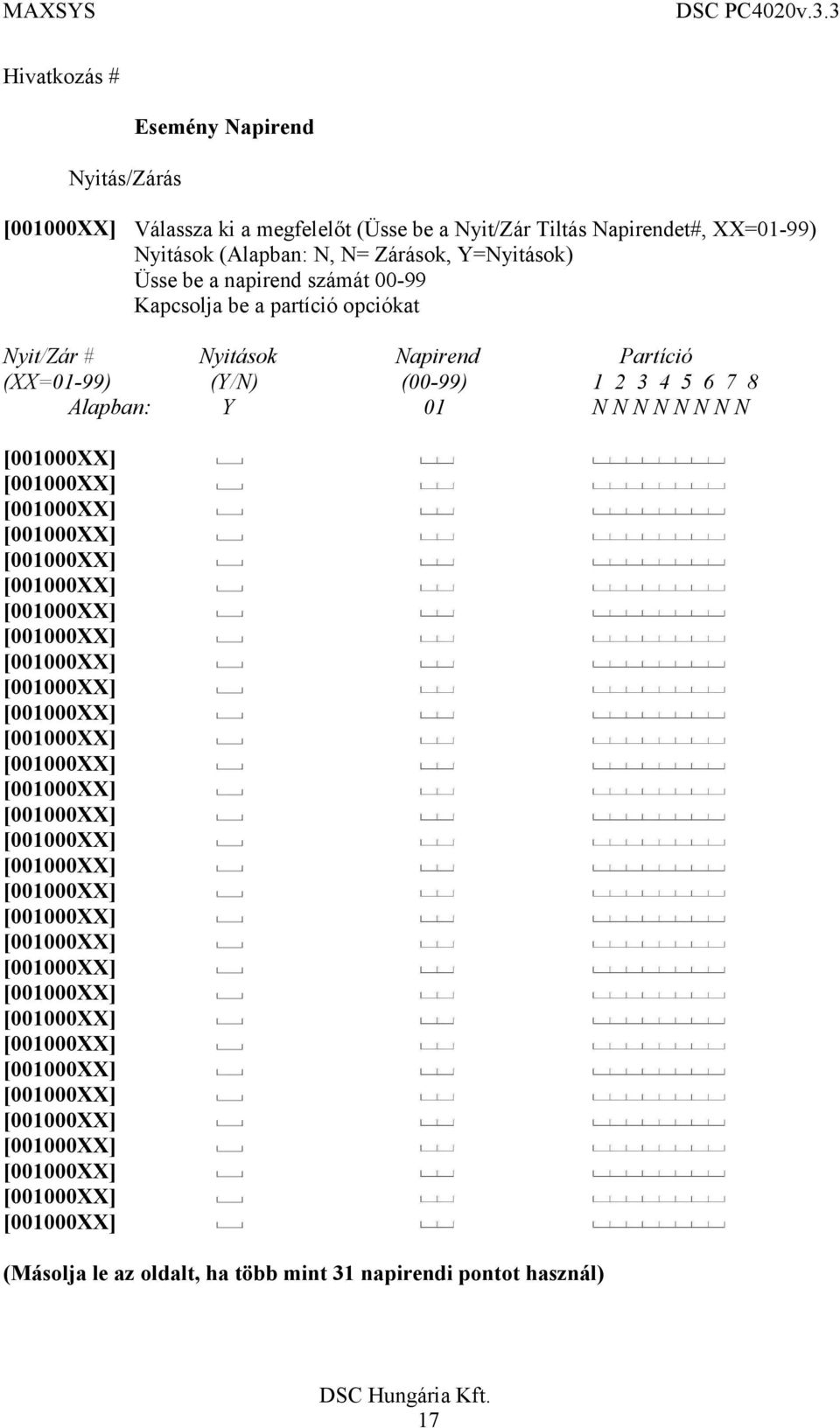 Kapcsolja be a partíció opciókat Nyit/Zár # Nyitások Napirend Partíció (XX=01-99) (Y/N) (00-99) 1