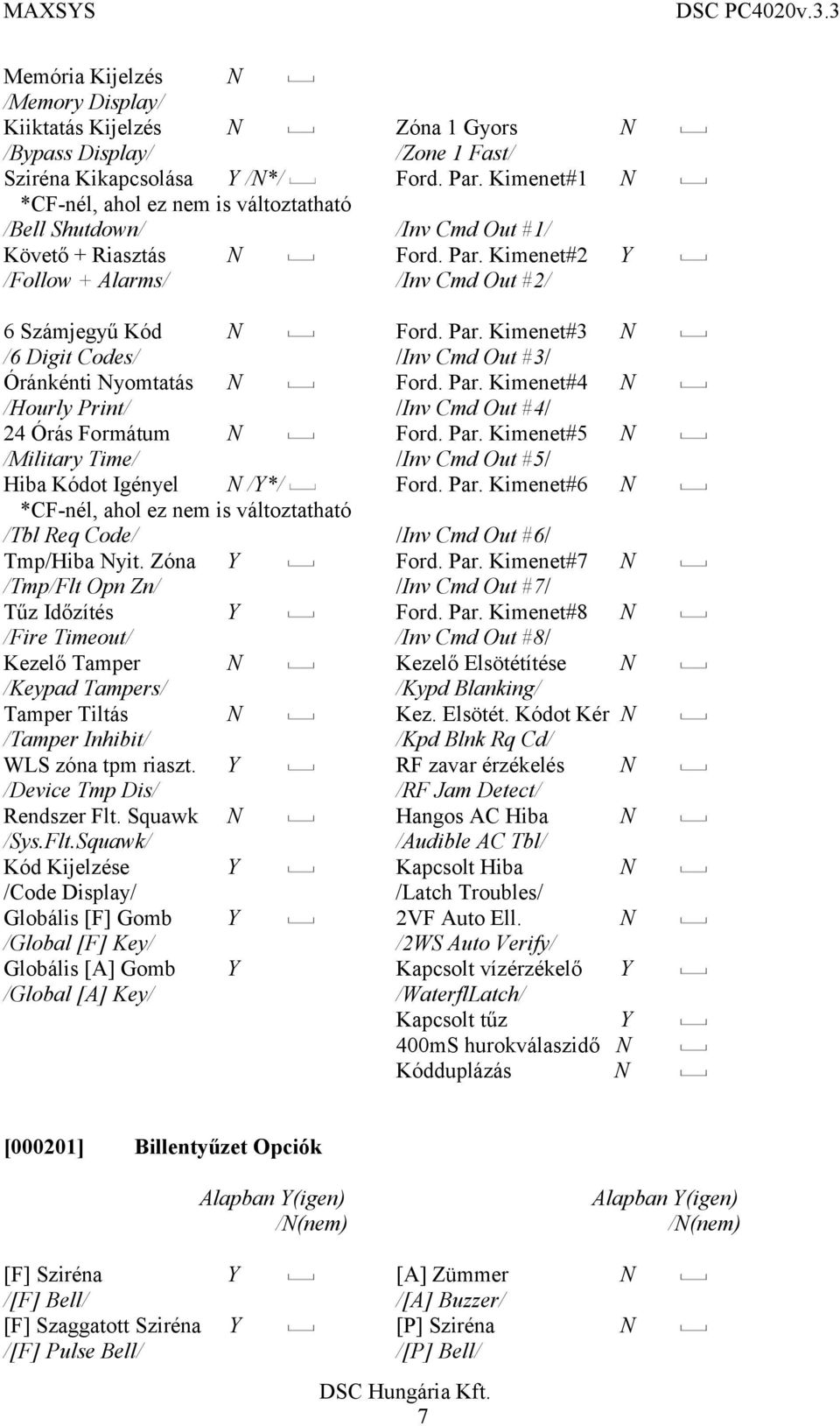 Par. Kimenet#4 N /Hourly Print/ /Inv Cmd Out #4/ 24 Órás Formátum N Ford. Par. Kimenet#5 N /Military Time/ /Inv Cmd Out #5/ Hiba Kódot Igényel N /Y*/ Ford. Par. Kimenet#6 N *CF-nél, ahol ez nem is változtatható /Tbl Req Code/ /Inv Cmd Out #6/ Tmp/Hiba Nyit.